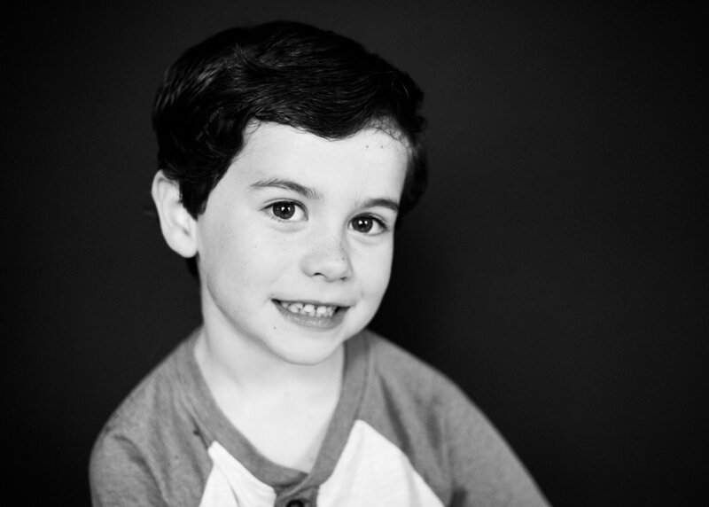 Black and white school portrait of preschool boy by Portland school portrait photographer