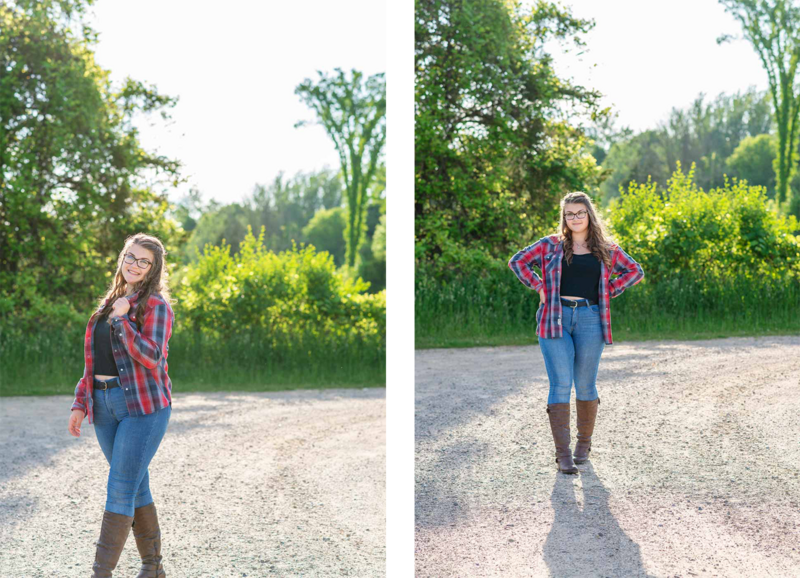 high school senior girl walking on dirt road in the country