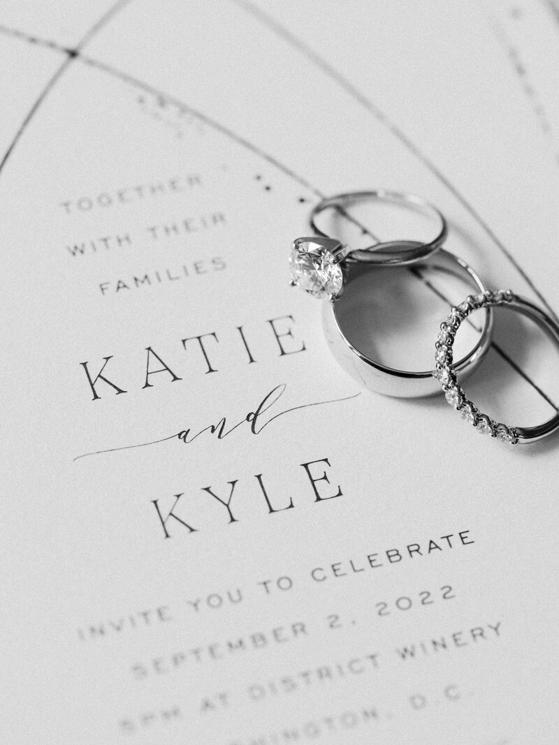The wedding rings placed on top of the wedding invitation