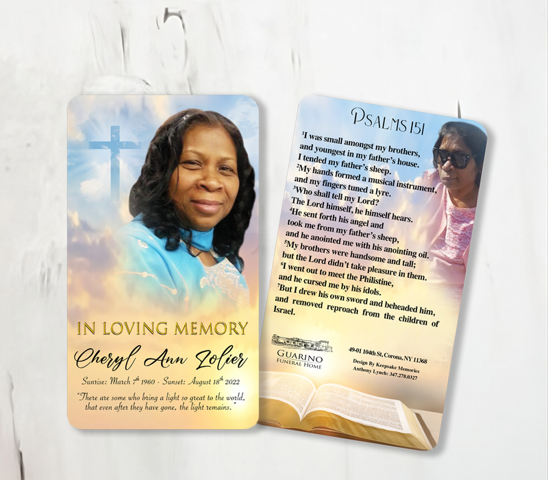 Custom prayer cards, memorial cards, personalized remembrance cards, custom photo cards, personalized prayers, sympathy keepsakes, memorial gifts, bereavement cards, funeral mementos, cherished memories.