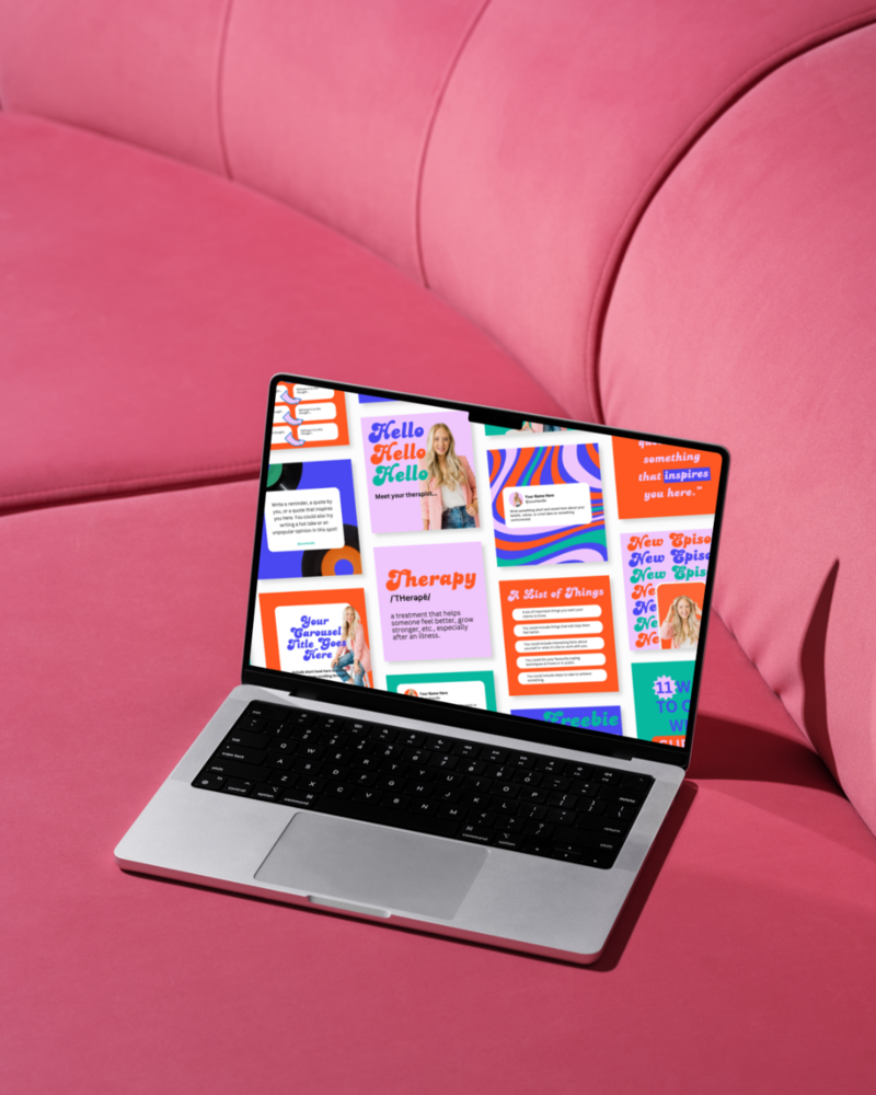 A collage of premade Canva templates for a colourful therapist on the screen of a laptop which is sitting on a pink couch