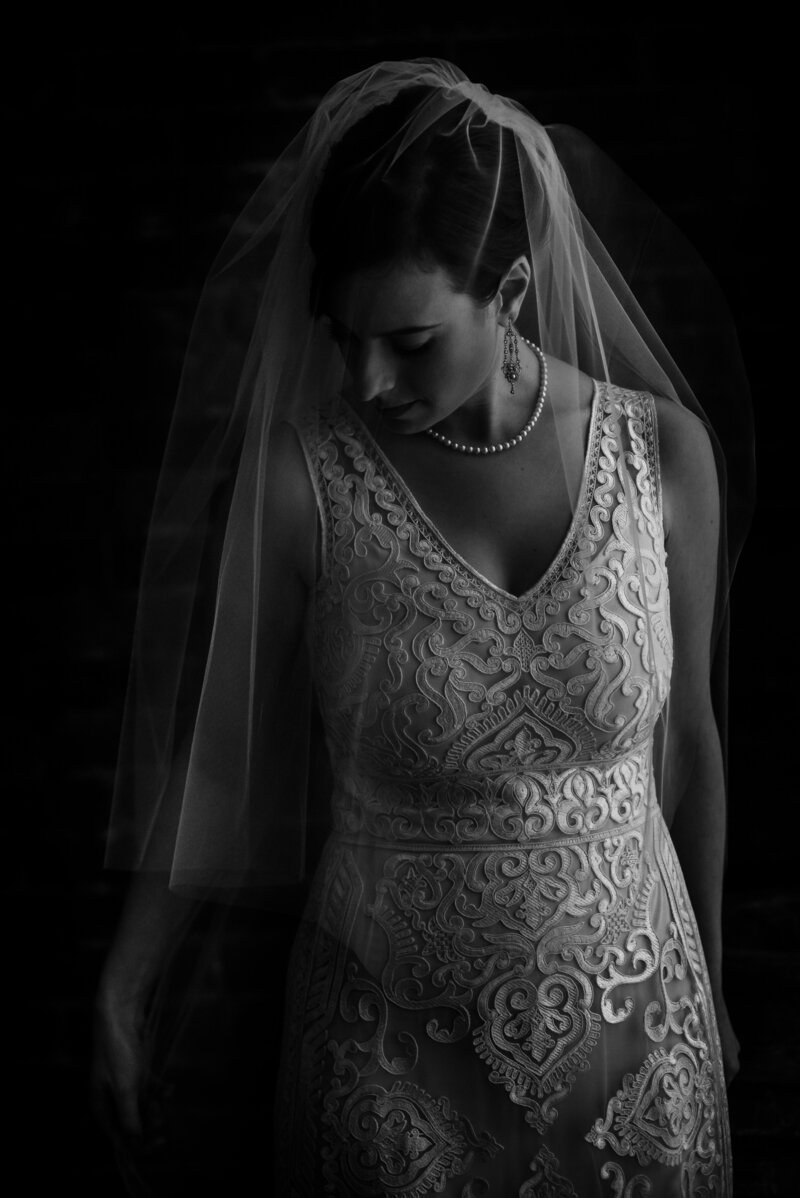 Beautiful black and white photo of a bride