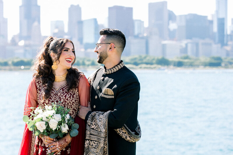 bride and groom sharing a smile in chicago