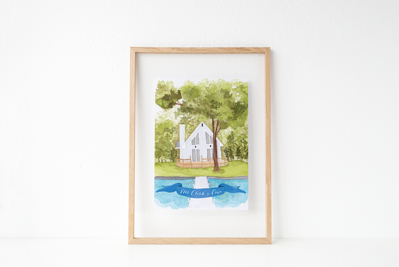 Hand painted home illustration lake house portrait
