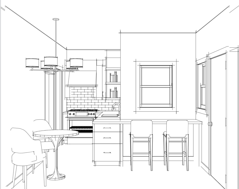 a drawing of a kitchen