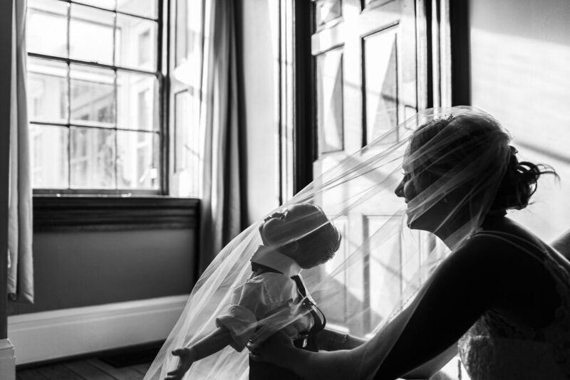 Bride and son under the veil at Hayfields Country Club wedding, Kimberly Dean Photos