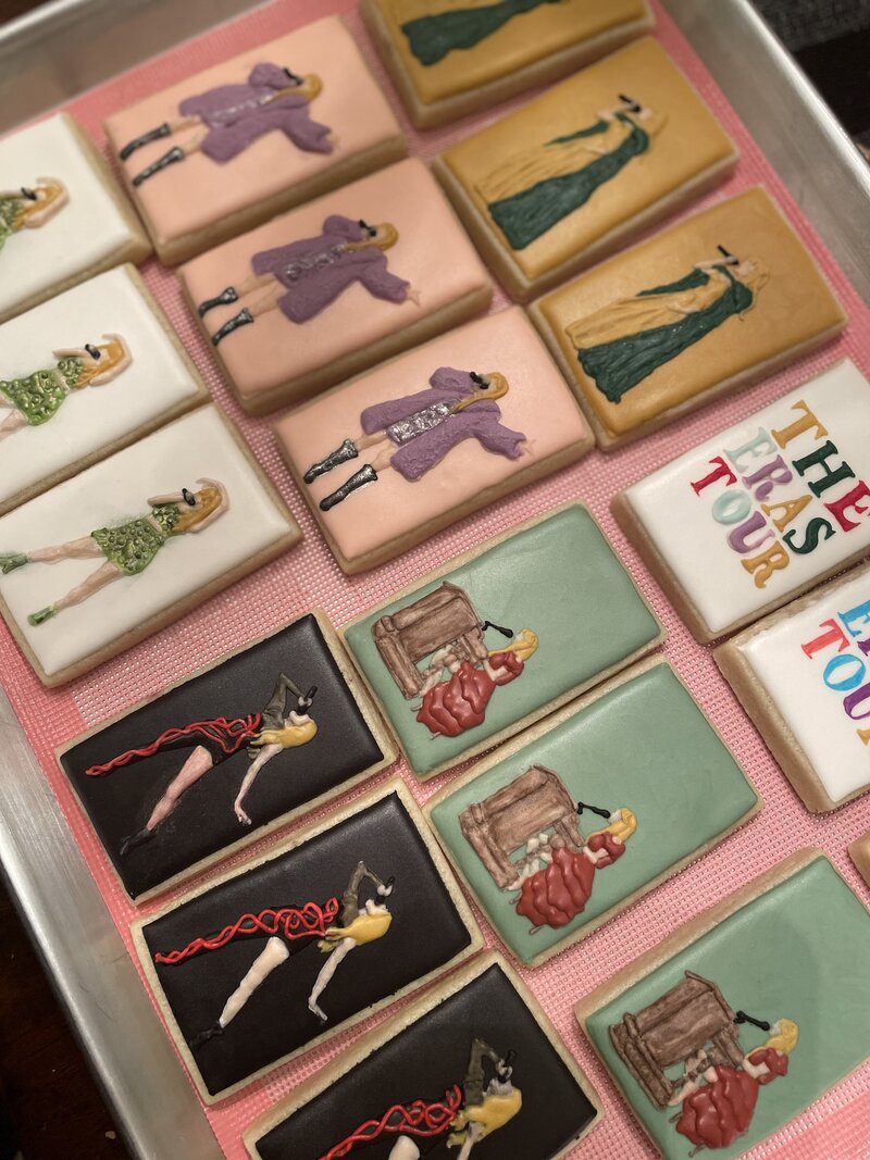 Custom-designed sugar cookies with intricate taylor swift drawings, perfect for birthdays, made in Gilbert, AZ
