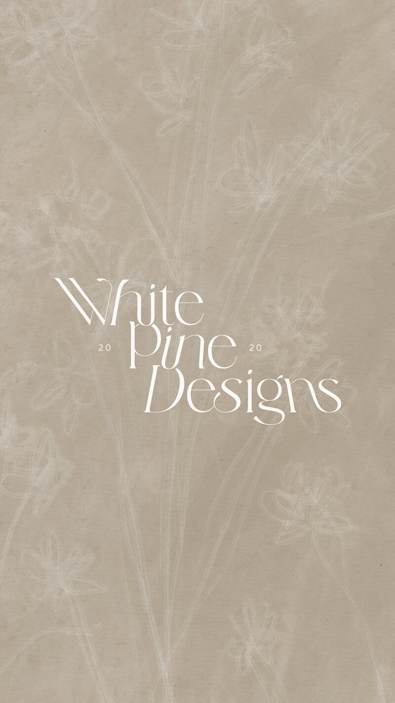 White Pine Designs logo on tan floral texture background