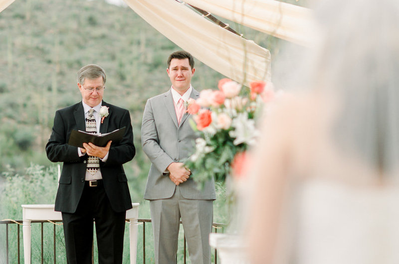 Saguaro Buttes wedding photo of Groom crying during ceremony | Tucson Wedding Photographer | West End Photography