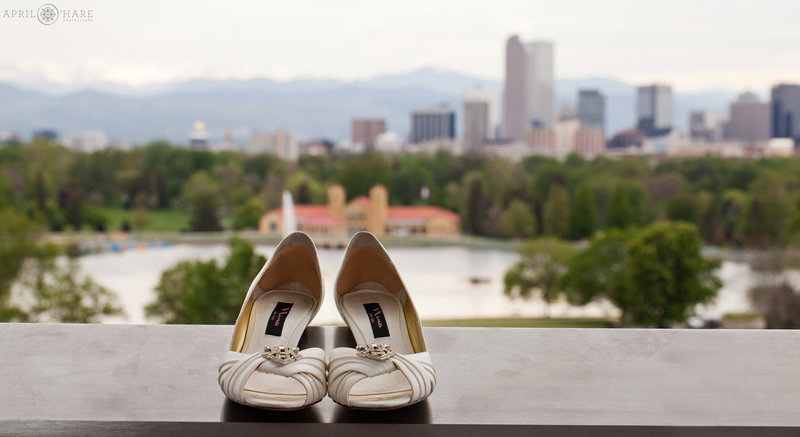 Wedding Photography at Denver Museum of Nature and Science Denver Skyline Backdrop