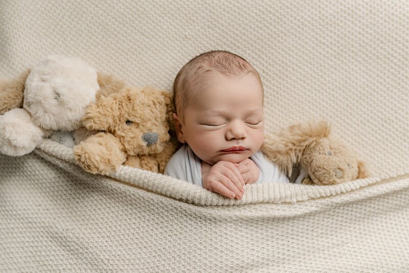 Baby boy all snuggled in with stuffed bears beside him from his Nursery during his Charlotte Area Studio newborn session