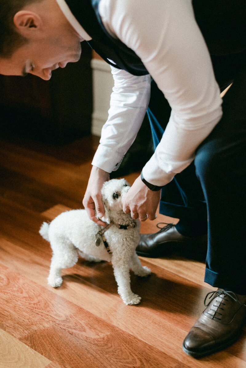 The dog is greeting the bestman in an image photographed by wedding photographer Hannika Gabrielsson.