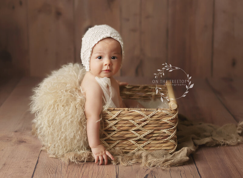 6 month old baby girl wearing a bonnet and posed in. a basket with fur textures on a wooden backdrop