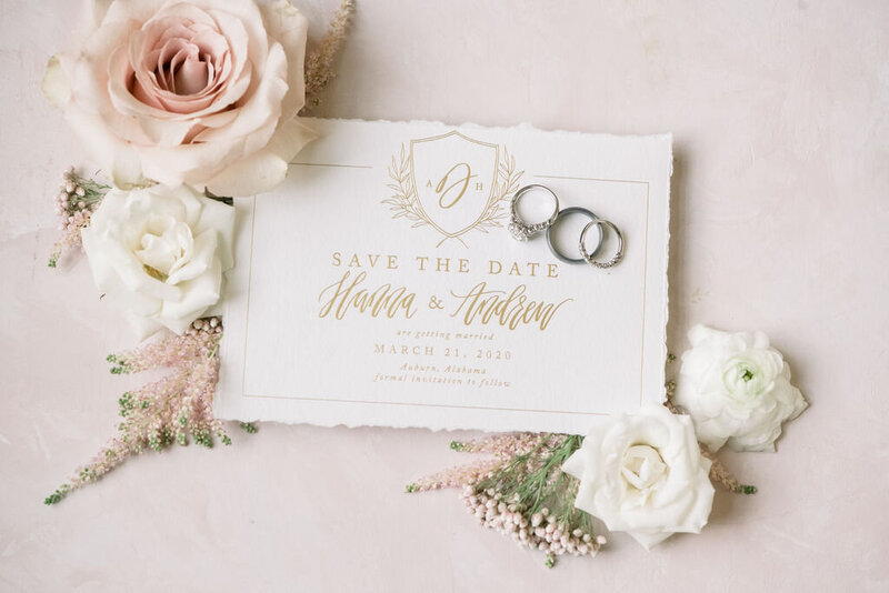 Alabama couple gold and white save the date with rings