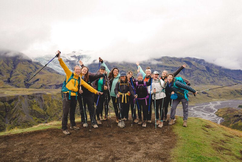 Group photo from group hiking trip in Thorsmork while hiking the Laugavegur Trail in the Highlands of Iceland