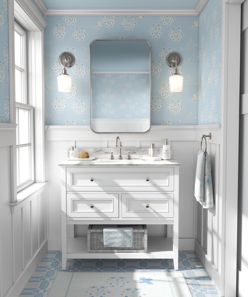 Bathroom with patterned wallpaper and white wooden bathroom vanity