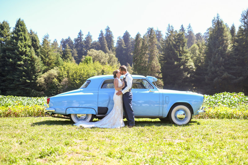 Kissing bride and groom on their wedding day in Northern California