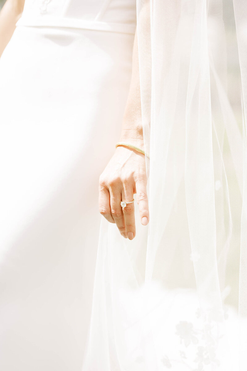 Bride's wedding details, veil, and dress