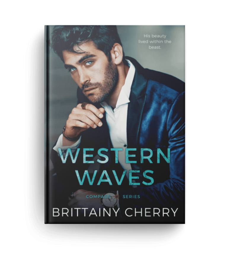 dark haired man with light colored eyes wearing a suit looks towards the left on the cover of western waves by romance author brittainy cherry