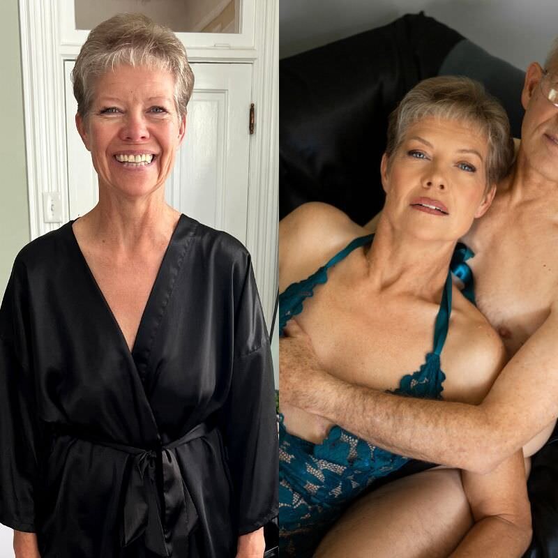Before & after image of a woman in her 60s with short gray hair getting her boudoir images taken