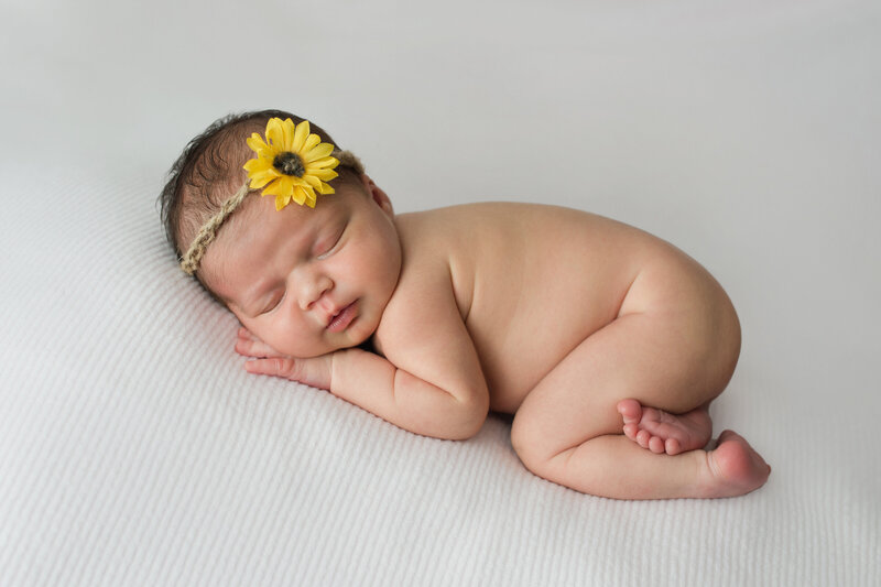 Newborn baby girl posed naked bum up during nj photo session.