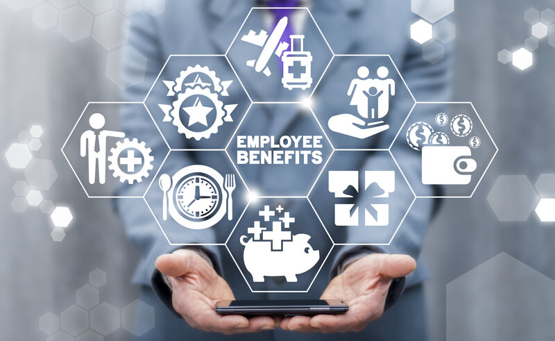 Words "employee benefits" and various icons