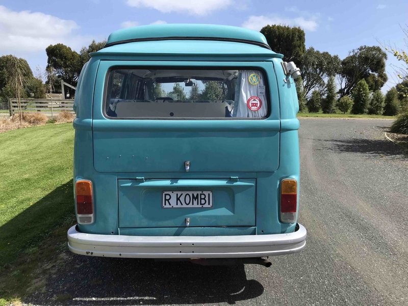 Back view of Rhonda, teal retro kombi van from NZ Kombi Hire
