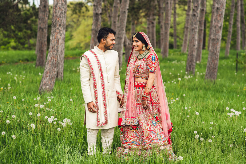 Bride and groom with colorful attire