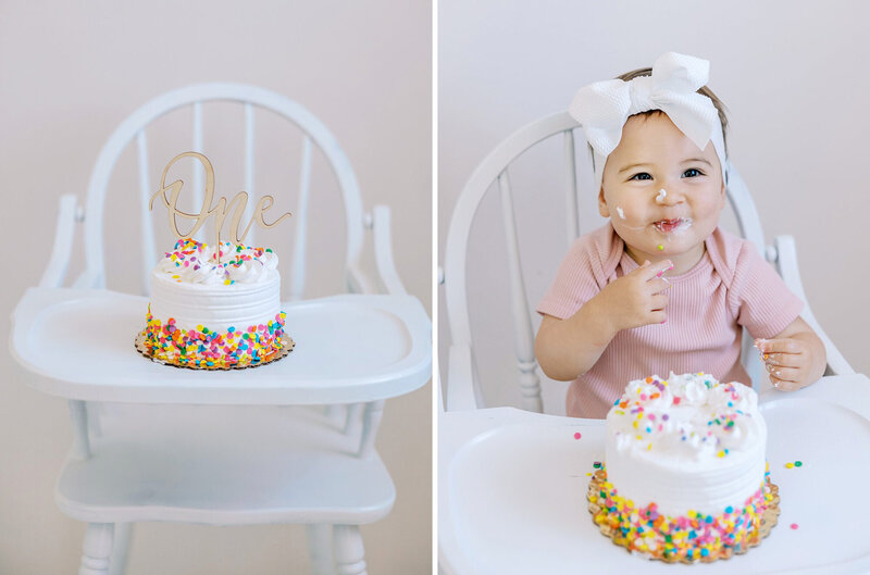 A cake smash session of a child who just turned one in Daniele Rose Photographya's studio
