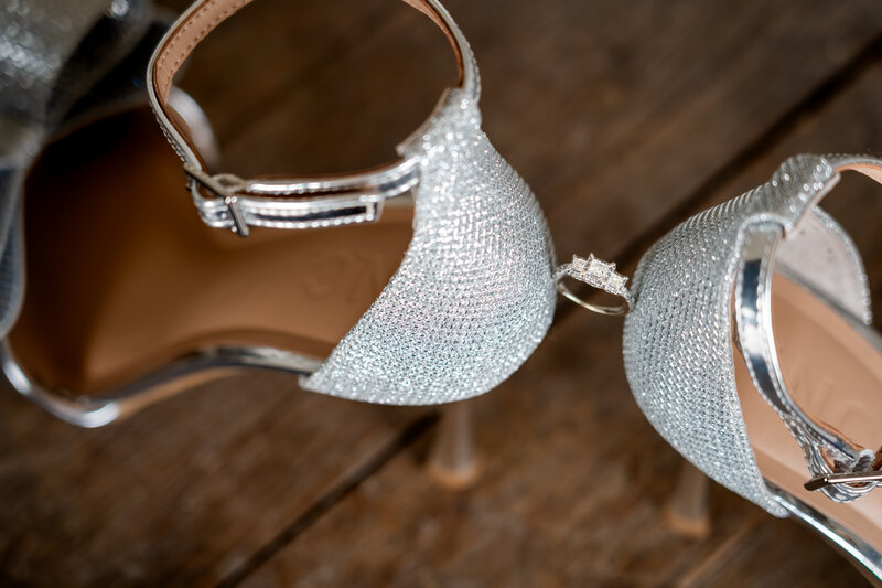 Elegant bridal heels with engagement ring detail at upstate New York wedding, photographed by wedding photographer Niko Coric - Lumen Clarity Media
