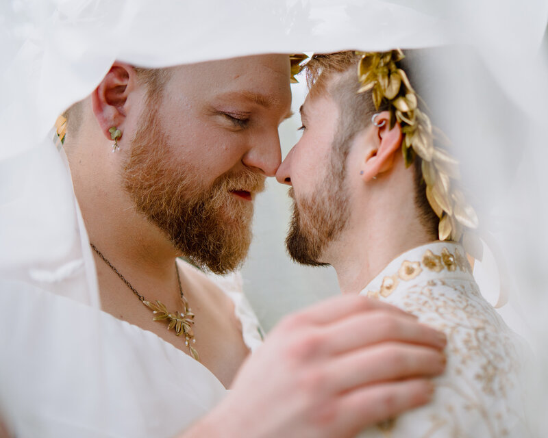 A couple kissing under a white veil.