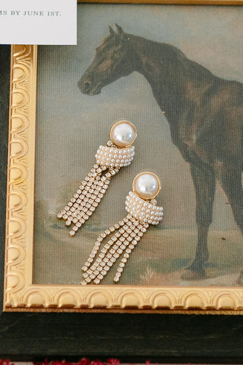 A stunning pair of pearl earrings paired with a noble horse, showcasing a blend of sophistication and natural beauty.