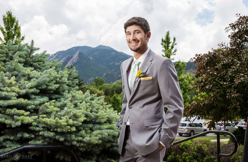 Groom Portrait with Flatiron Mountain Backdrop from the Red Garden Upper Terrace at St Julien Hotel
