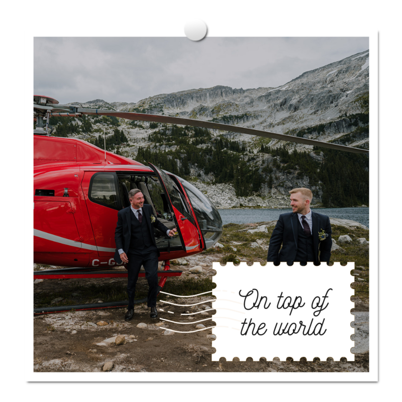 two grooms getting off helicopter in whistler