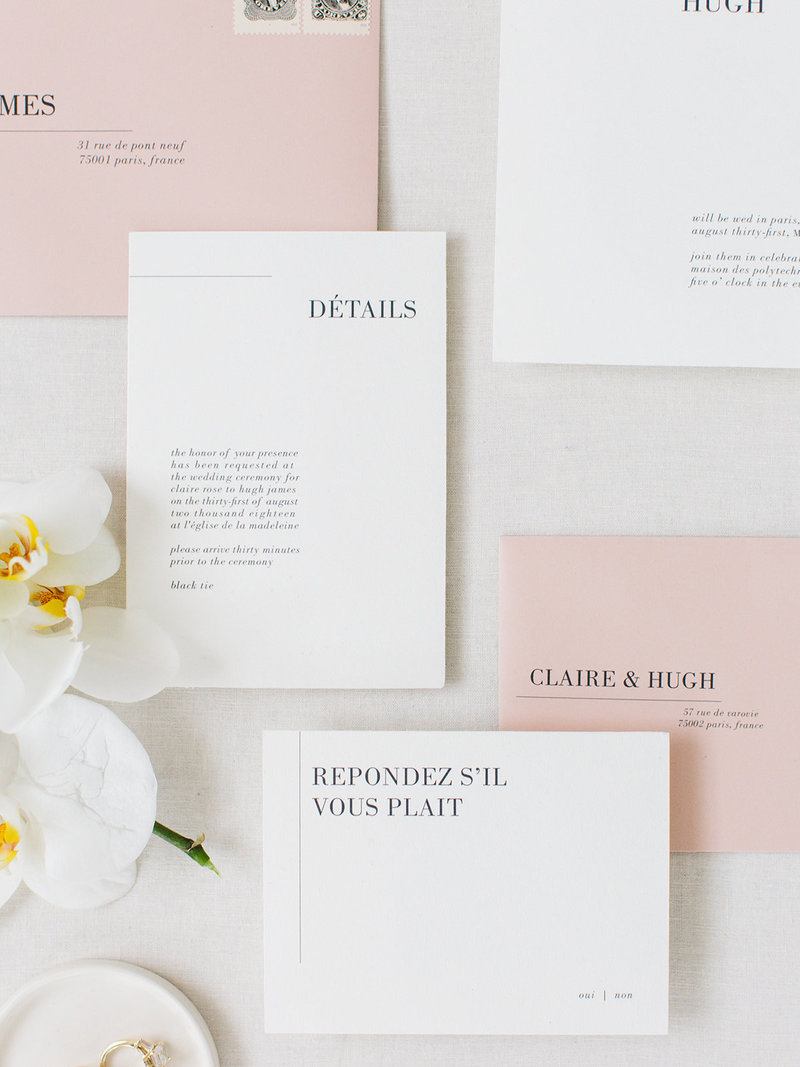 This is a minimalist wedding invitation suite with a chic parisian feel