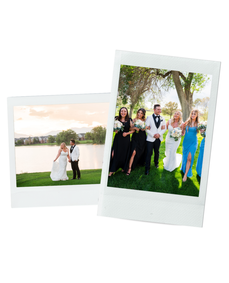 Two polaroid style images, one of a bride and groom standing in front of the lake at The Barn at Raccoon Creek and the other of a bride and groom walking toward the camera with their wedding party.