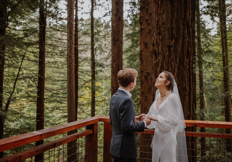 bride and groom holding hands in a redwood grove