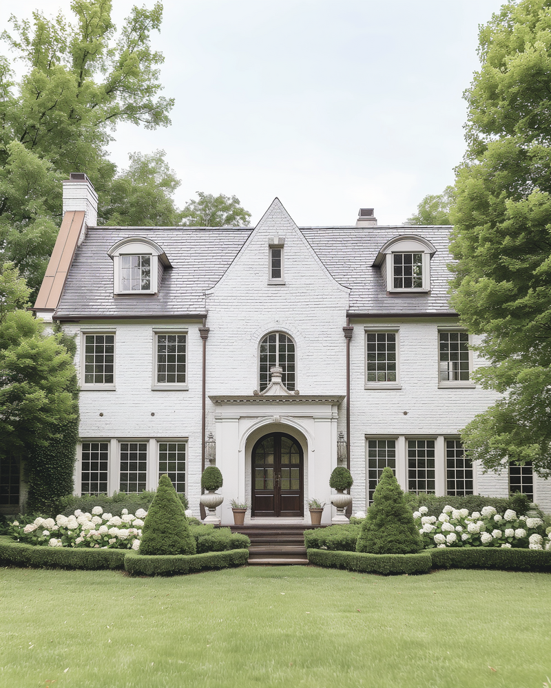 Modern exterior design for a new construction home in North Atlanta, featuring a black and stone facade designed by Megan Paterson Interiors.