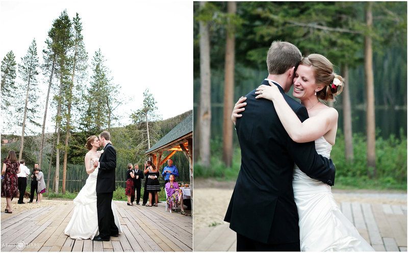 Bride and groom dance outdoors on the deck at Piney River Ranch in Vail, Colorado