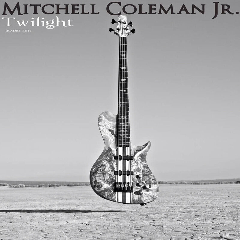 Single Cover Original Artwork Musician Mitchell Coleman Jr Title Twighlight black and white image guitar floating upright in desert