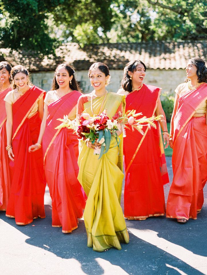 red sari for hindu wedding bridal party