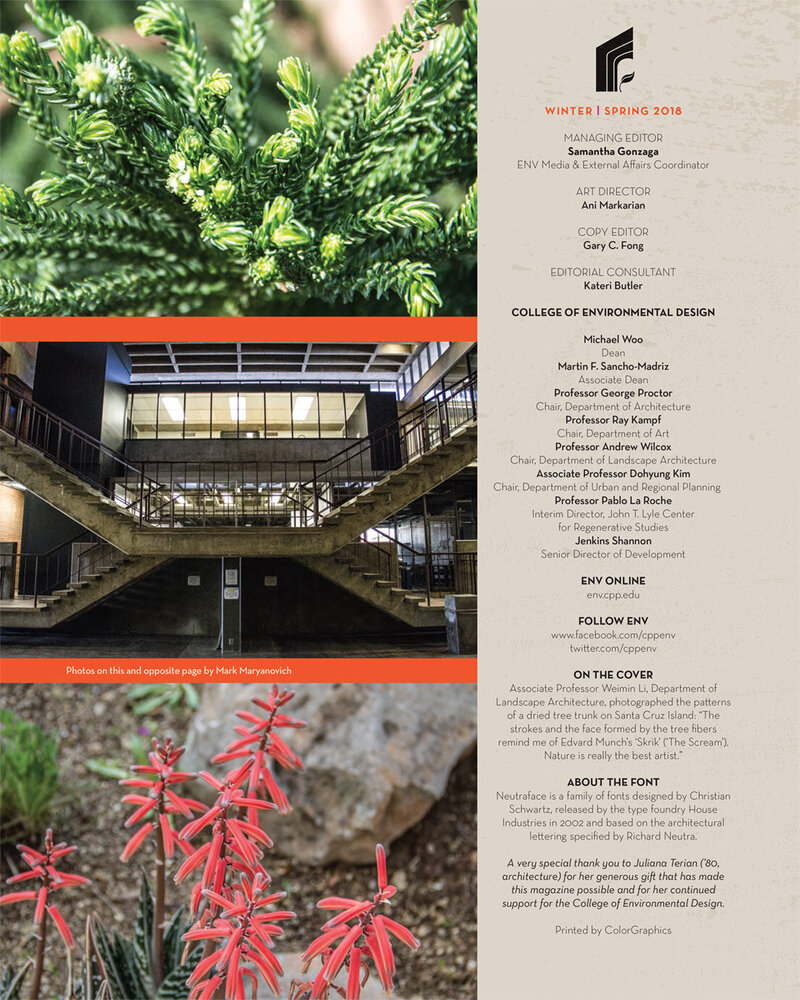 Corporate Lifestyle Photography plants and flowers on campus staircases in college building ENV Magazine Table of Contents page