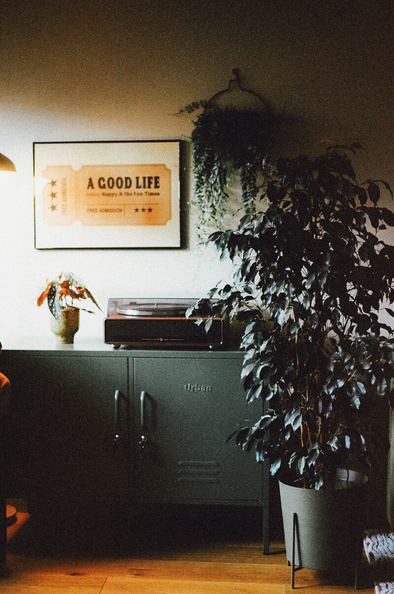 A cosy room corner with a cabinet, plants, and a record player, softly lit with warm light under a framed print on the wall.