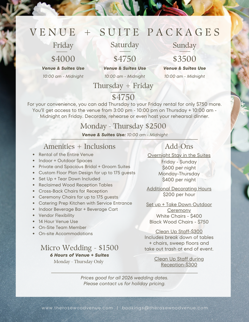 day wedding prices for saturday weddig venues near me mount pleasant texas ammenities reception ceremony prices rosewood venue 2026 wedding prices
