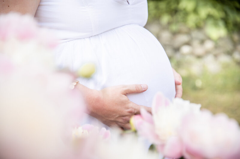 close up of soon to be mother holding pregnant belly with foreground pink peonies at nichols arb in ann arbor michigan