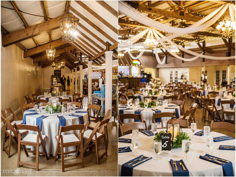 Church Ranch Event Center decorated with blue for a wedding reception indoors