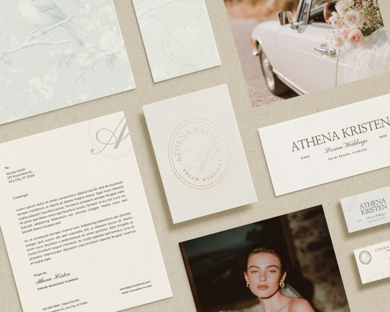 Editorial-style Canva brand kit for wedding planners featuring modern monogram logo, timeless typography, and luxury stationery designs—ideal for planners seeking elevated, done-for-you brand identity.