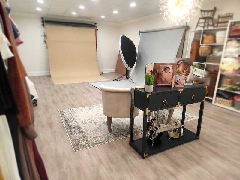 Maternity and newborn photography studio with light gray wooden flooring, luxe decor, high end chandelier, gowns on clothing rack, different backdrops and studio light