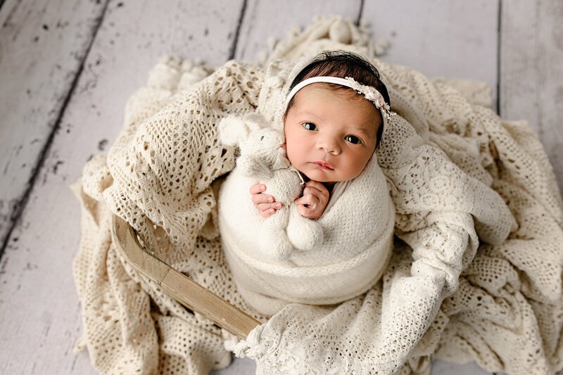 baby girl snuggled a bunny while positioned in a basket