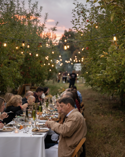 Fall tablescape set amongst the apple orchard. Diners enjoying meal cooked over live open fire.